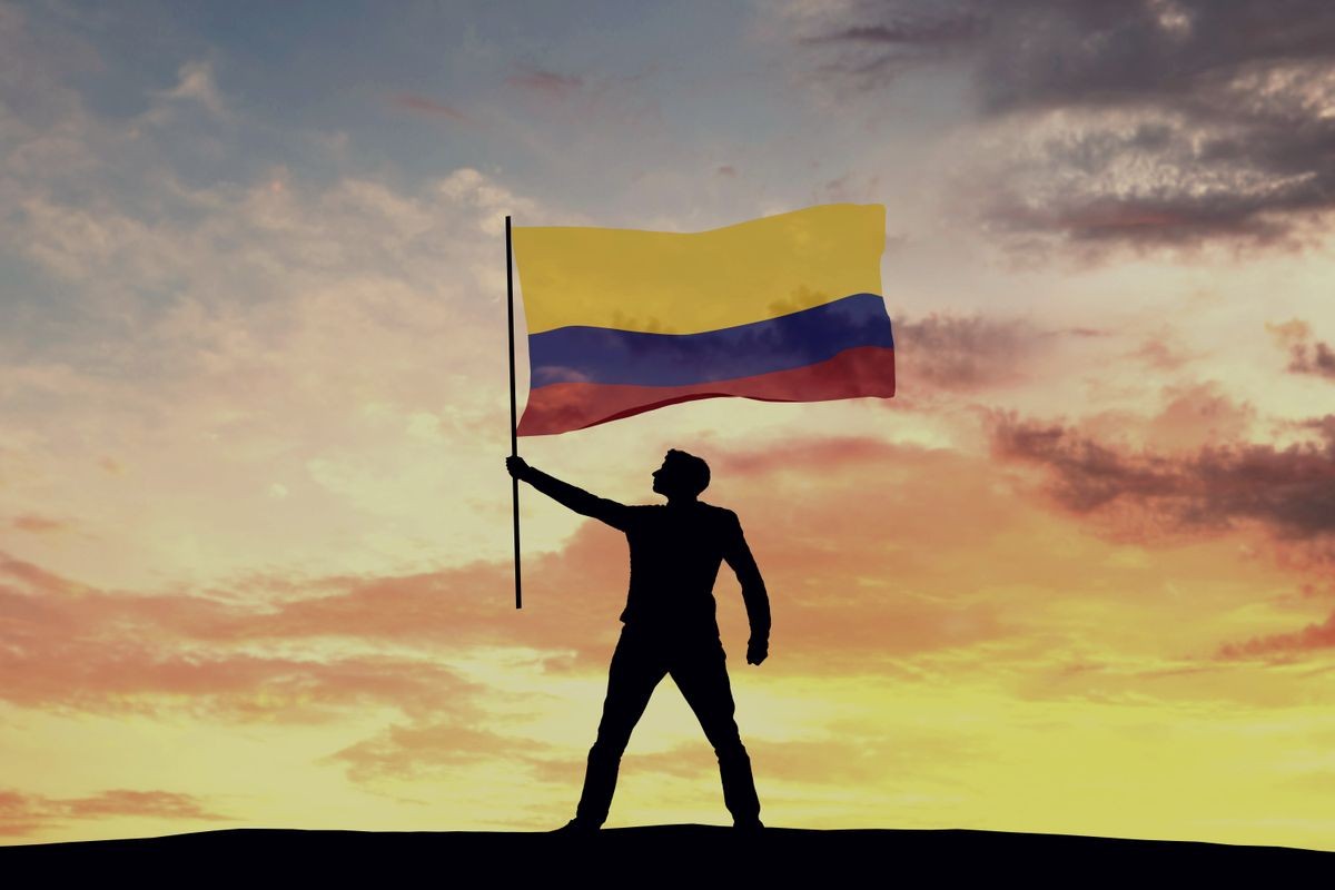 Male silhouette figure waving Colombia flag. 3D Rendering